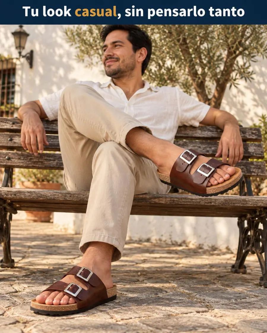 Sandalias de cuero de doble hebilla en color café, modelo hombre