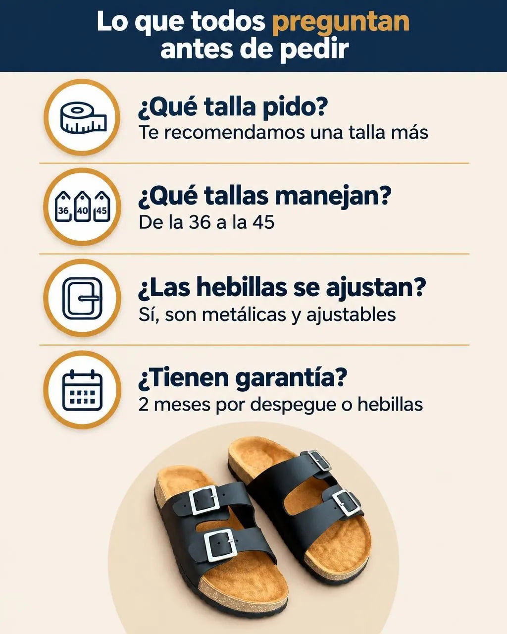 Lo que todos preguntan antes de pedir: talla, tallas disponibles, hebillas y garantía