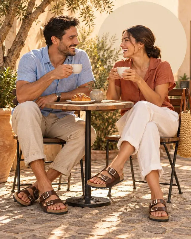 Pareja disfrutando un café en una terraza, con sandalias de cuero de doble hebilla